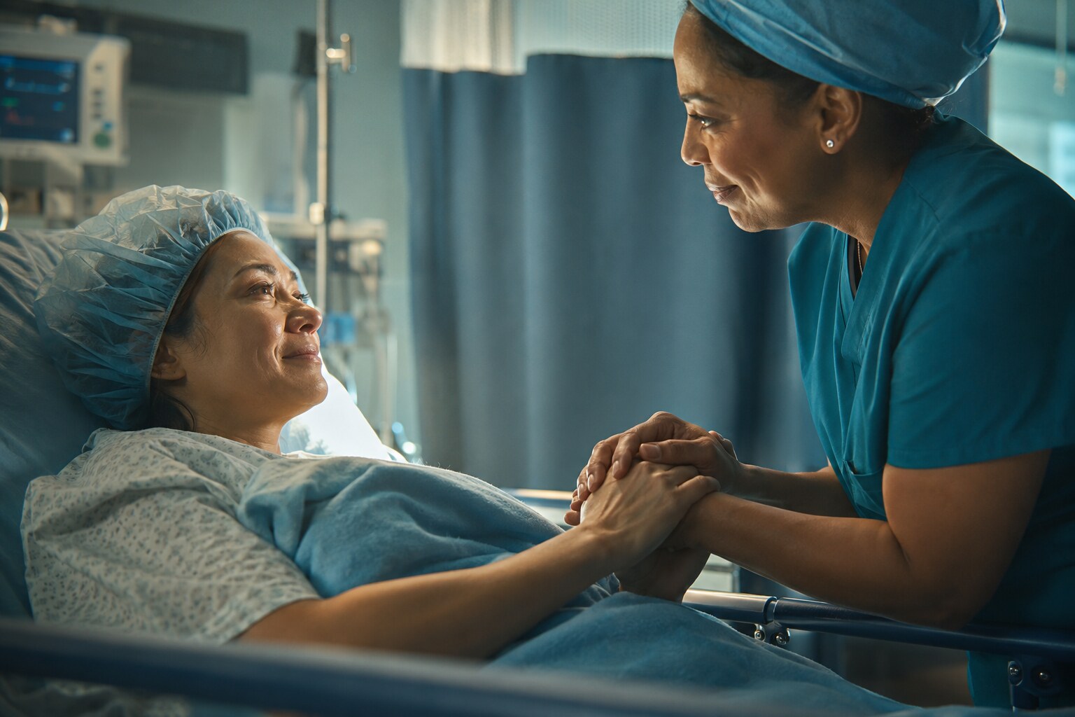 A perioperative nurse reassuring a patient before surgery