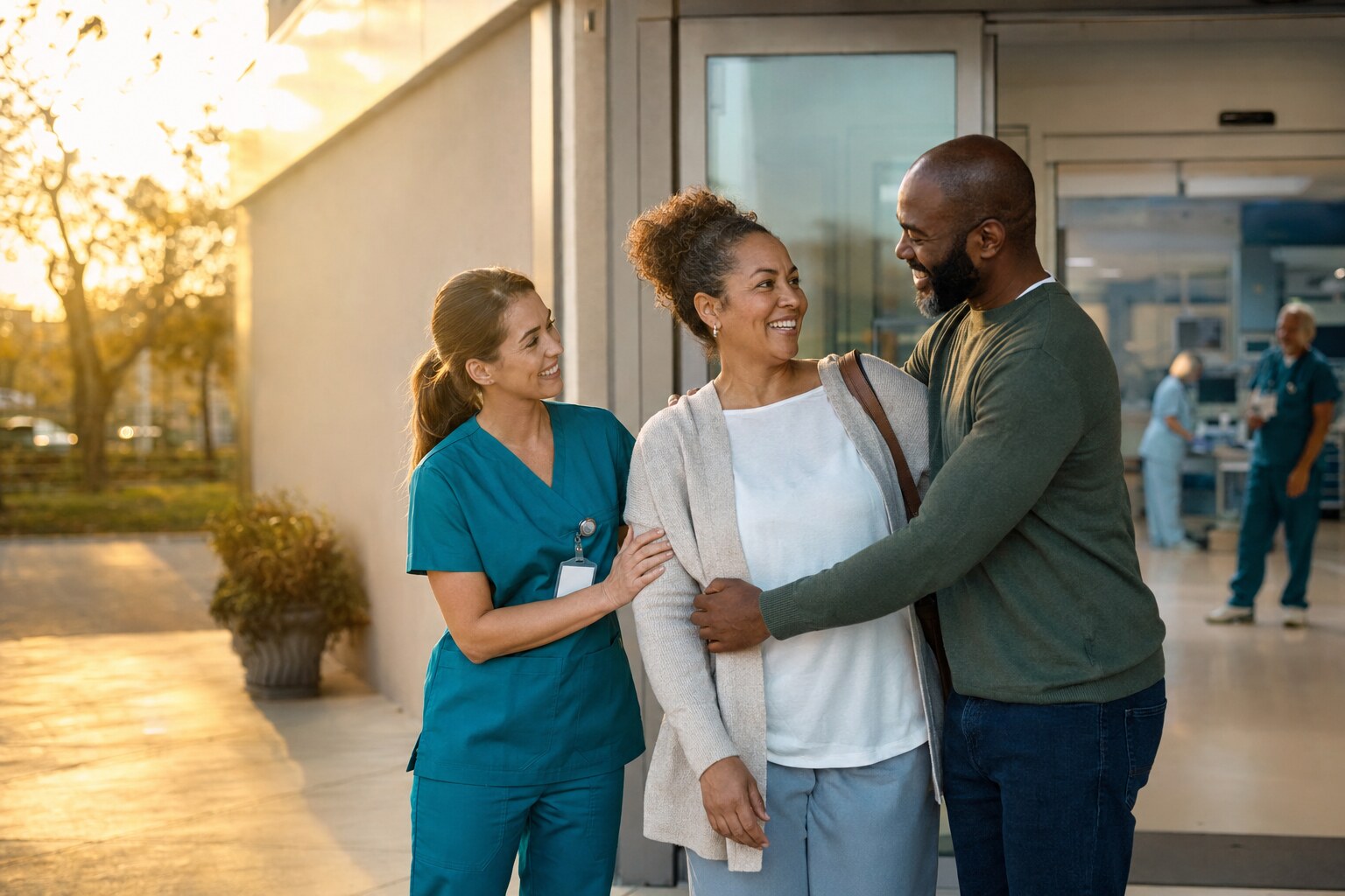 A patient leaving an ambulatory surgery center with a nurse and loved one