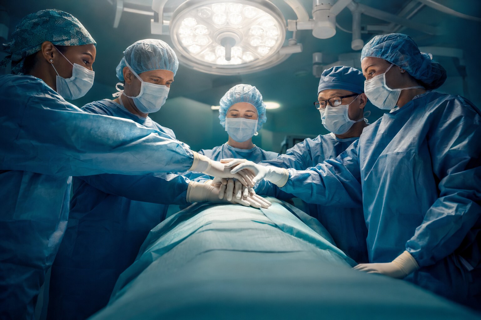 A diverse surgical team joining hands around a fully draped patient